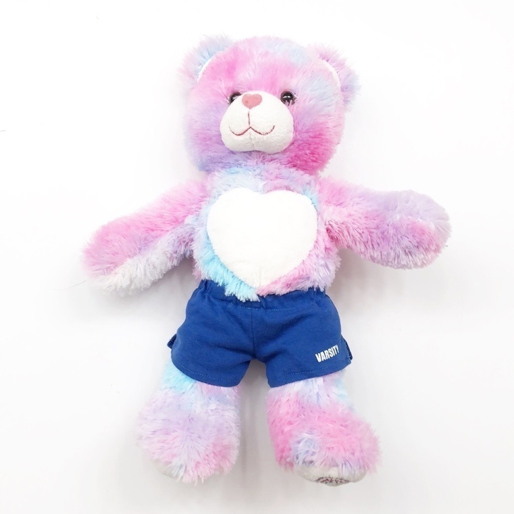 Build-A-Bear Tie Dye Heart bear w/Varsity shorts